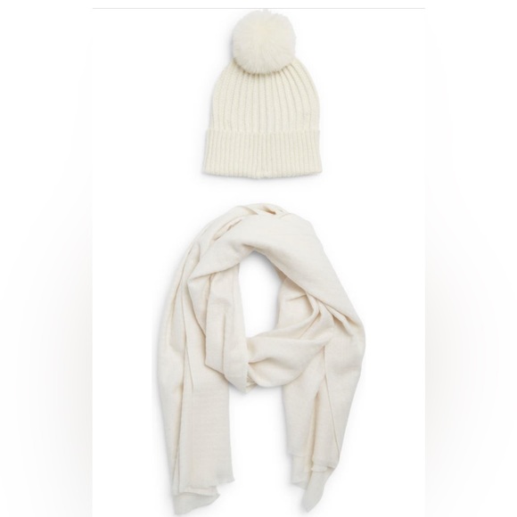 Vince Camuto Scarf and Pom Pom Beanie Set in Ivory Metallic - Picture 2 of 6
